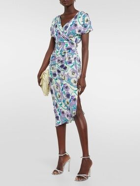 Diane Von Furstenberg Purple, Teal & White Floral Wrap Midi Dress size L (8)